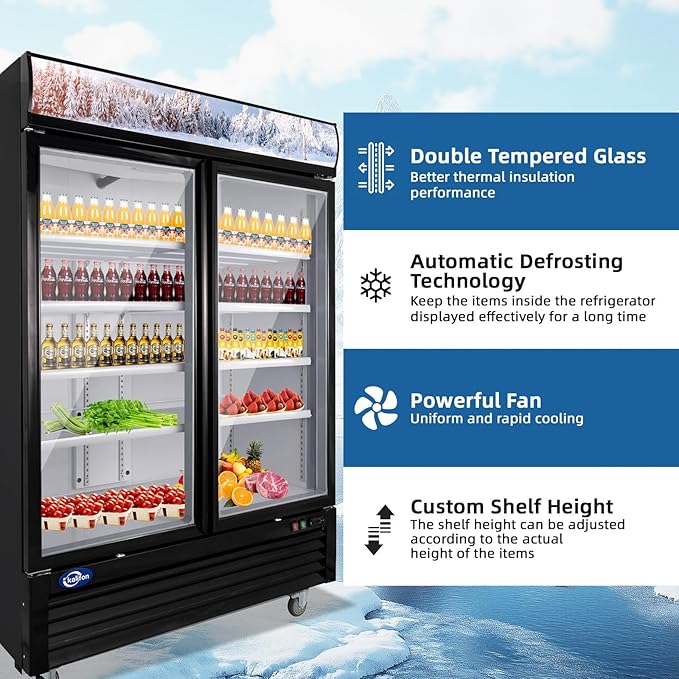 Display Beverage Refrigerator, 49 Cu.Ft Commercial Drink Fridge with Glass Door & 8 Adjustable Shelves, Commercial Refrigerator with LED Light for Restaurant, Supermarket, Gym, Black