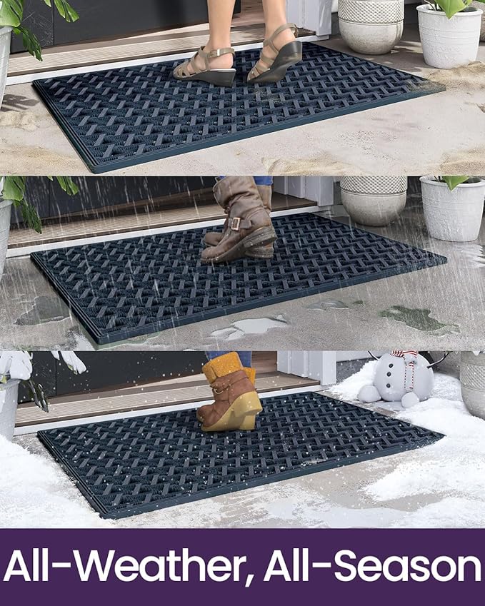 DEXI Front Door Mat Outside Entrance Rubber 24x36, Welcome Floor Doormat Heavy Duty Non Slip, Dirt Trapper Waterproof Exterior Entry Mats All Weather for Patio Entryway Drainage, Blue