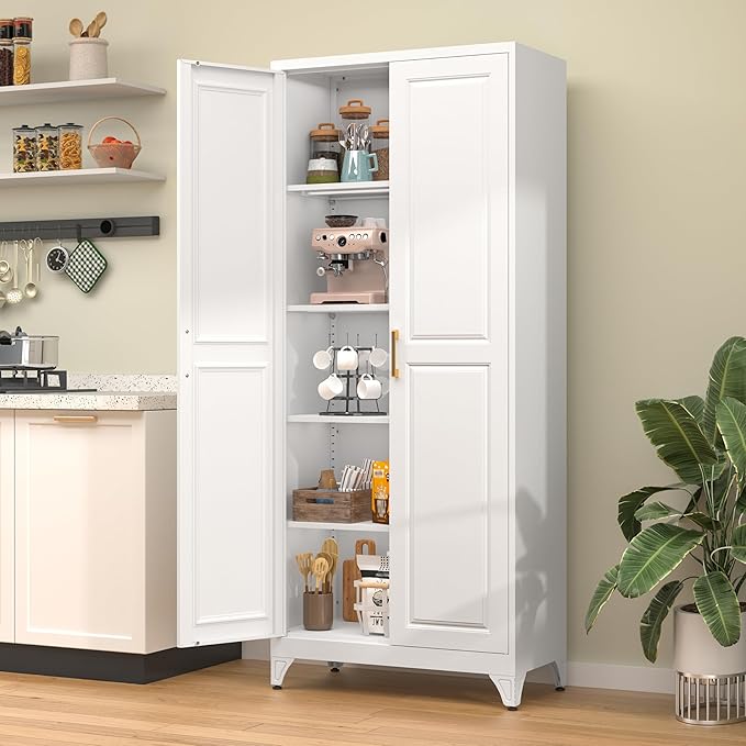 75”Tall Metal Pantry Storage Cabinet with Doors and 4 Shelves, White Kitchen Pantry Cabinet, Modern Freestanding Cupboard for Living, Dining Room, Office, Assembly Required
