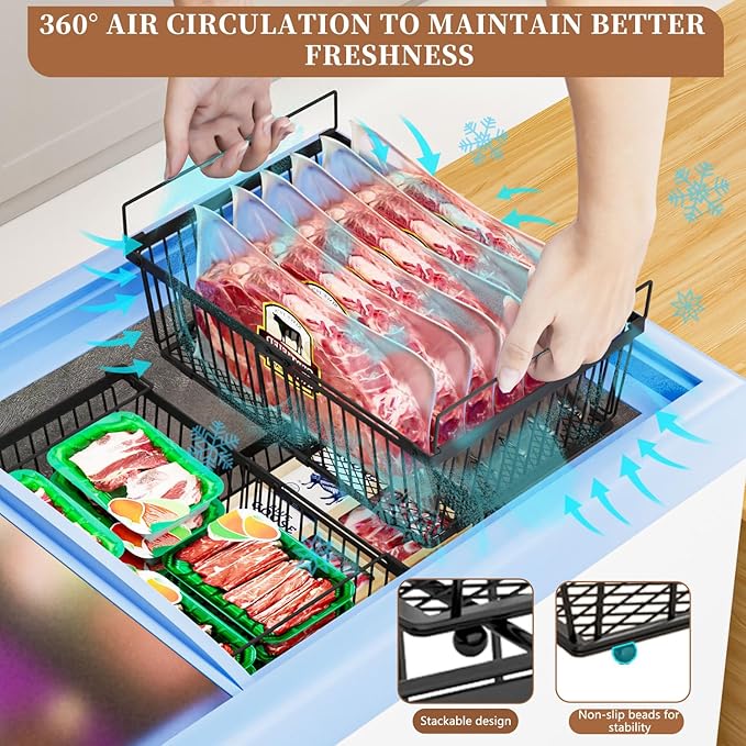 Large Freezer Organizer Bins，Upgraded Bottom Leak-Proof net，Fit 10 to 20 Cu.Ft Deep Freezer，2 Pack， Expandable Stackable Chest Freezer Organizer Bins , for Fridge, Deep Freezer, Cabinet