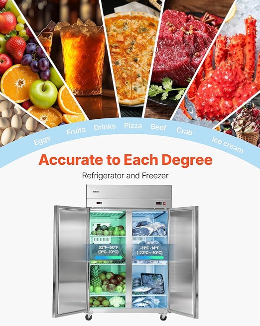 VEVOR Commercial Refrigerator and Freezer Combo 48" W, 32 Cu.Ft Stainless Steel Upright Refrigerator/Freezer with Double Doors, Auto-Defrost, 6 Adjustable Shelves, UL Certified