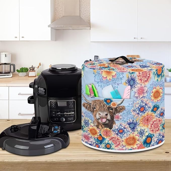 Xoenoiee Electric Pressure Cooker Cover Boho Mandala Highland Cattle Pattern Kitchen Appliance Dust Cover with Pockets, Compatible with Crock Pot, Rice Cooker, for 8 Qt Pot