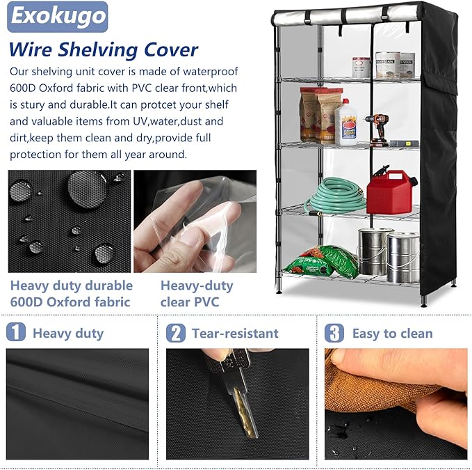 Wire Shelf Cover,600D Heavy Duty 100% Waterproof Shelf Covers for Wire Shelving,Outdoor Storage Shelves Cover for Metal Rack,48" W x 18" D x 82" H,Black with Clear Front