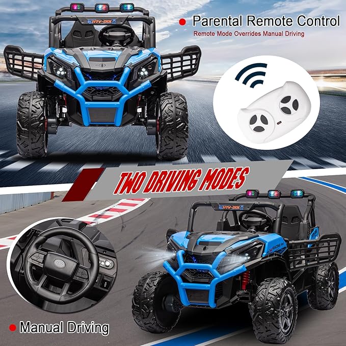 24V 2 Seater Ride On Car for Kids, Electric Car with Remote Control, Battery Powered Side by Side Ride On UTV, 4x4 Ride On Truck with Bluetooth, Blue