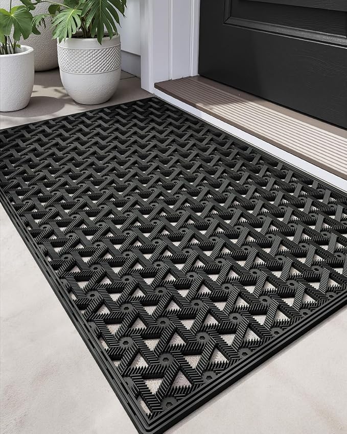 DEXI Front Door Mat Outside Entrance Rubber 19x30, Welcome Floor Doormat Heavy Duty Non Slip, Dirt Trapper Waterproof Exterior Entry Mats All Weather for Patio Entryway Drainage, Black