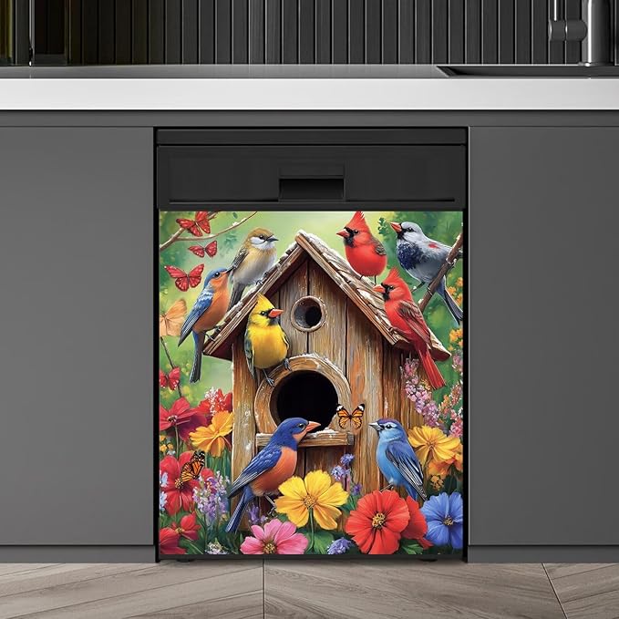 Spring Garden Birdhouse Dishwasher Magnet Cover,Pastoral Flowers Butterfly Magnetic Dishwasher Cover Vinyl Sticker,Fridge Door Cover Magnets Art Skin Panel Decal,Home Decor Decal,23"X26"