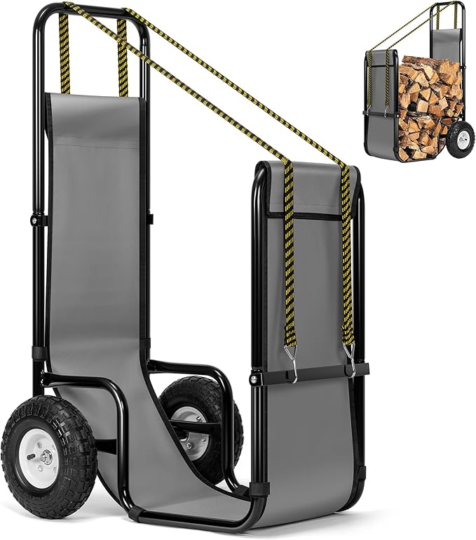 VIVOHOME Large Firewood Cart with Rubber Wheels and 600D Oxford Cloth, 250 LB Capacity Heavy Duty Steel Log Carrier Dolly Hauler, Rolling Wood Rack Storage Mover for Easy Transport Indoor Outdoor Use