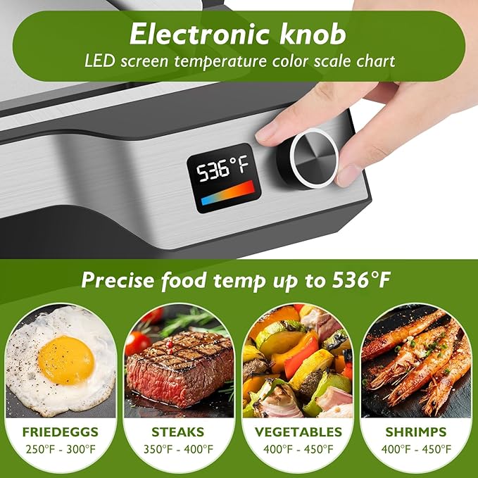 Electric Griddle Indoor, 14" Adjustable Temp Control 536° Electric Flat Top Grill, 5MM Stainless Steel Plate Even Heat Retention, Removable & Dishwasher Plates Electric Grill for Indoor Outdoor