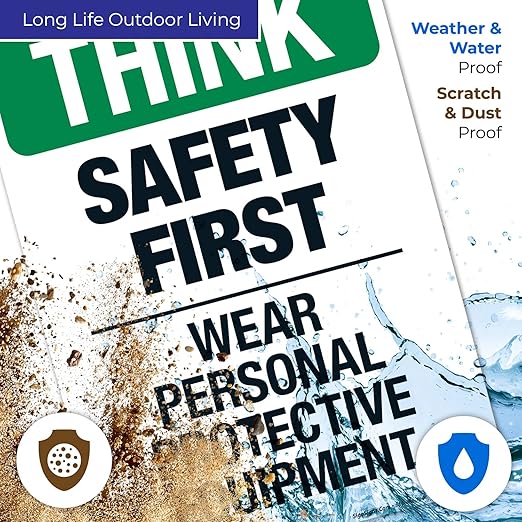 Think Safety First Wear Personal Protective Equipment Sign, 10x14 Inches, 55 mil Thick HDPS (high Density polystyrene), Made in USA