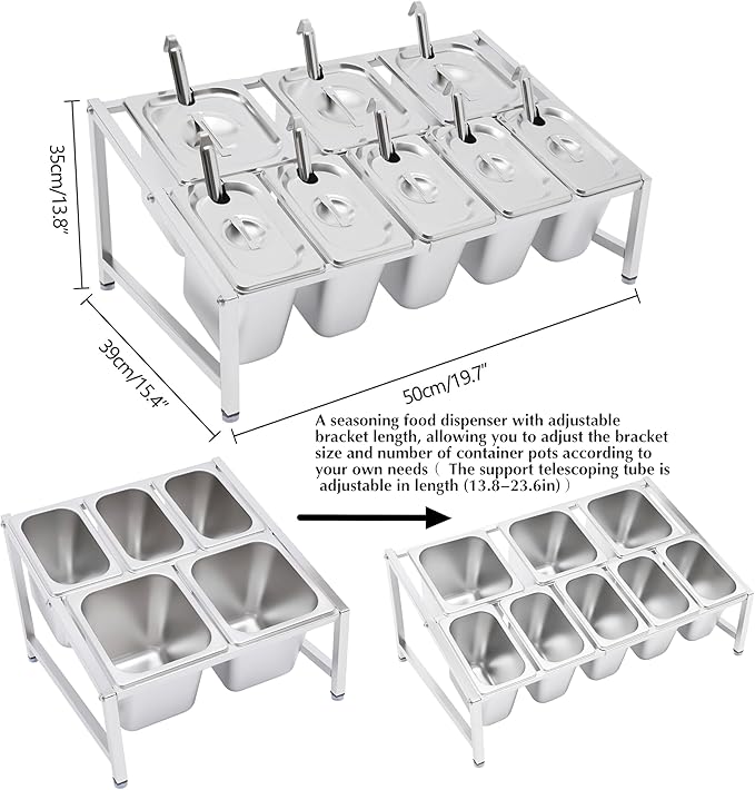 20"Pizza Topping Station with 8 Pans& Lids, Stainless Steel Food Pans Condiment Dispenser Food Container Countertop Spice Rack Organizer Holder for Seasoning Sauce Salad Jam Fruits Ingredients