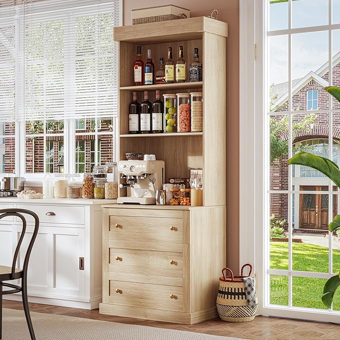 71" Tall Farmhouse Kitchen Pantry, Large Storage Cabinet with Drawers, Freestanding Coffee Bar Hutch with Microwave Stand, Adjustable Shelves for Kitchen, Living Room, Brown 4 Pcs