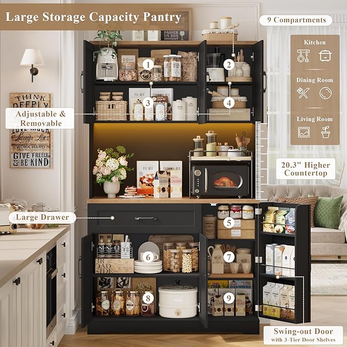 HIFIT 71" LED Kitchen Pantry Cabinet with Power Outlet, Tall Hutch Storage Cabinet with Microwave Stand & 6 Door Shelves, Modern Food Pantry Cabinets with Drawer for Kitchen Dining Living Room, Black
