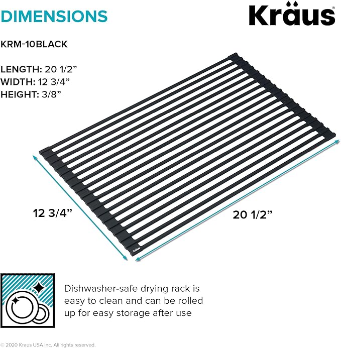 Kraus Multipurpose Over-Sink Roll-Up Dish Drying Rack, Colander and Trivet in Black, KRM-10BLACK