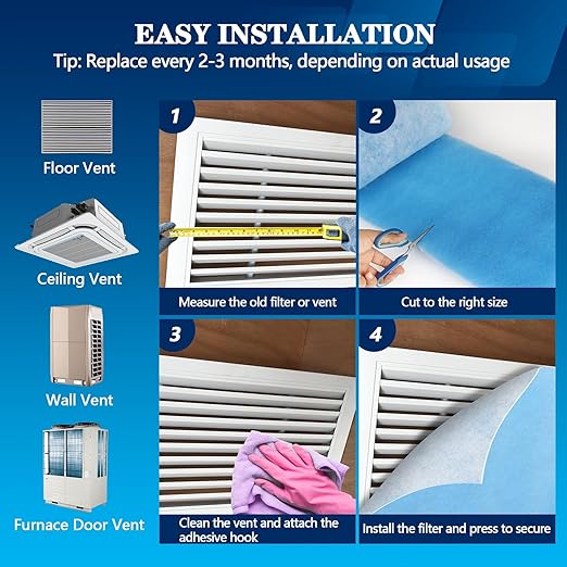MERV 8 Air Vent Filters, 12" x 140"Cut to Fit Air Filter Material (70+ Filters),Electrostatic Triple Vent Filter for Floor, Ceiling, HVAC Furnace Vents, Includes 48 Adhesive Hook Tape