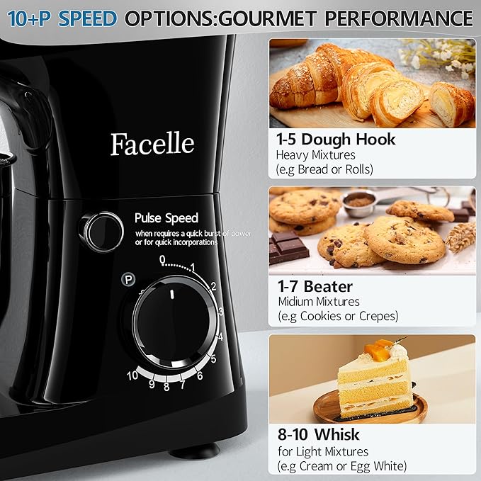 Facelle Stand Mixer, 10-Speed 6QT Kitchen Electric Mixer, Tilt-Head Food mixer with Beater, Dough Hook, Wire Whip and Egg Separator, scraper for Most Home Cooks (Black)