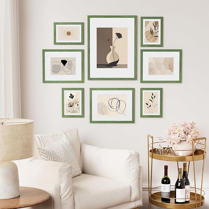Vittanly 11x14 Picture Frame Set of 2, Solid Wood Frame for Wall Art Photo and Prints, Display Photo 8x10 with Mat or 11x14 without Mat, Rustic Green