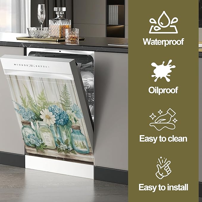 Magnetic Dishwasher Cover,Vintage Flowers Reusable Dishwasher Magnetic Cover Leaves Wooden Decorative Door Covers Panel for Home Kitcen 23" x 26"