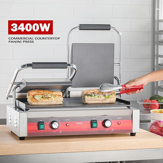 EGGKITPO Commercial Dual Panini Press with 2 Flat Plates Electric Panini Grill with Temperature Control and Handle 19.5" ×9.4" Large Cast Iron Sandwich Maker for Kitchen Business 110V 3400W