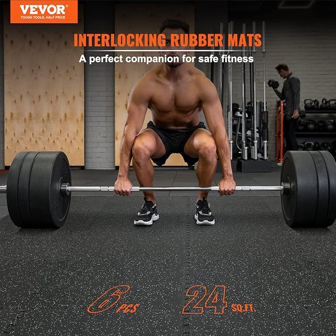 VEVOR 0.56Inch 24sq.ft 6 Tiles Gym Flooring for Home Gym, Rubber Top with High Density EVA Foam, 25 x 25In Gym Floor Exercise Equipment Mats, Interlocking Gym Mats, Puzzle Workout Mats, Black & Gray