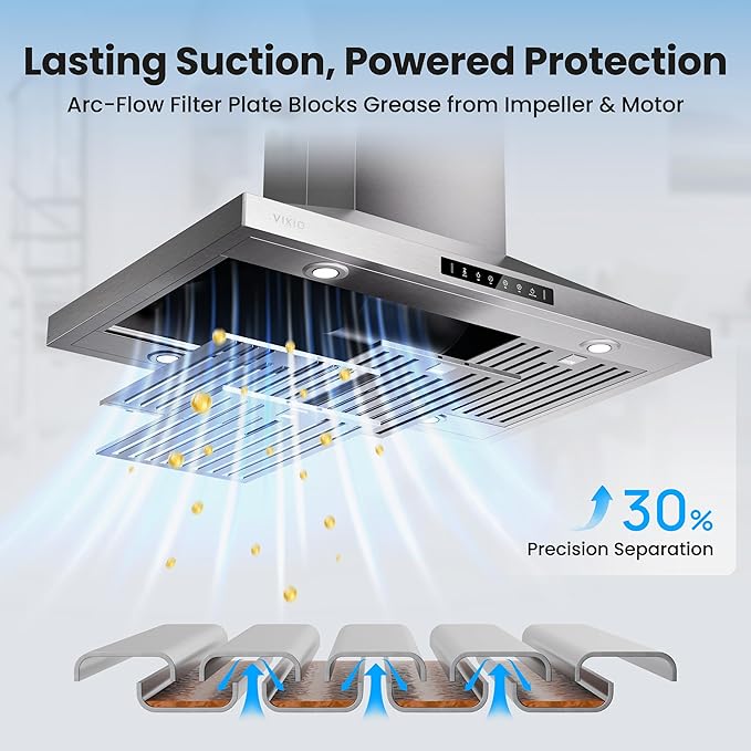 42In Island Range Hood, 390 CFM Stainless Steel Ducted Island Mount Range Hood, kitchen island vent hood with 3-Speed Fan, Touch/Gesture, 4 Stainless Steel Baffle Filters, Ceiling Mount
