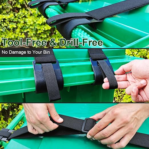 GripHandle Metal Double-Claw Trash Can Lid Lock Strap for Animals,Bungee Cord with Hooks for Trash Bin Garbage Pail,Outdoor Outside Trash Lid Holder to Keep Raccoons out,Fits 20-96 Gallon Cans - 4Pcs