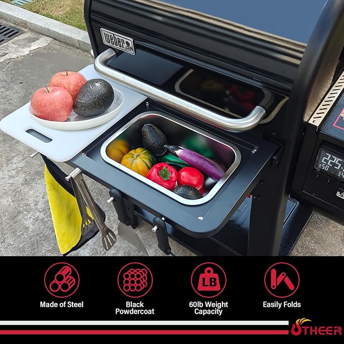 Utheer Front Folding Grill Table for Weber Searwood 600 – 23" x 12.5" Large Front Shelf with Stainless Steel Basin, Works Cutting Board, Lid & 5 Hooks, Heavy-Duty Weber Searwood 600 Accessories