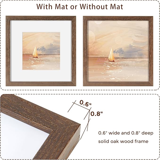 Fun Memories 8x8 Square Picture Frame, Solid Oak Wood 8"x8" Photo Frames - Real Tempered Glass, 8x8 Frame with Stand for Tabletop Display, 8 x 8 Wood Frame for Wall (Walnut Color, 1 Pack)