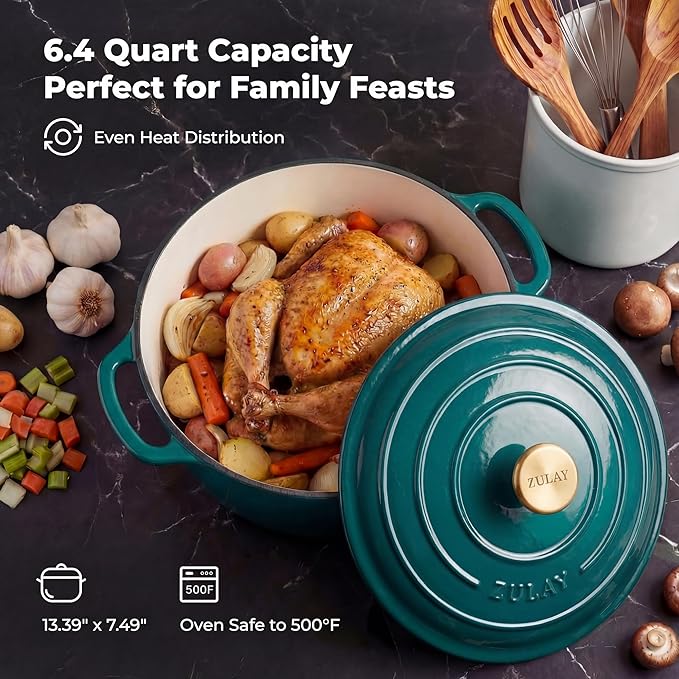 Zulay Kitchen 6 Quart Enameled Cast Iron Dutch Oven Pot with Lid – Premium Durability & Oven Safe up to 500°F – Heavy Duty Cookware Perfect for Bread Baking, Stews, Braising & Roasting – Emerald