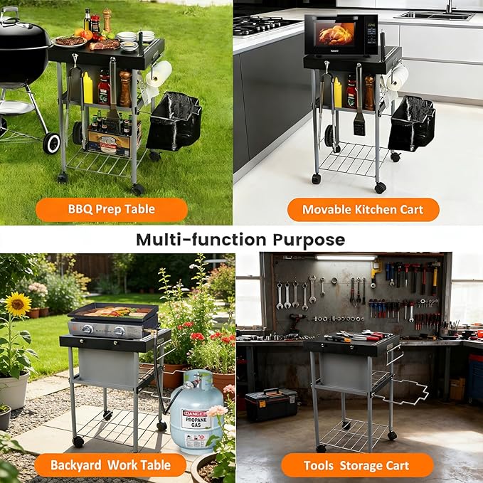 Rolling Grill Side Table Cart for 18"/22" Weber Charcoal Kettle Grills - Outdoor Prep Stand with Wheels, Mesh Storage Racks for Backyard BBQ, Camping, Parties