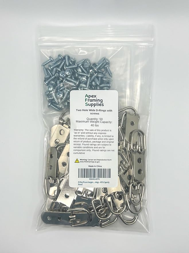 D-Ring Picture Hangers with Screws – 50 Pack Two Hole Wide Strap Hangers for Picture Frames, Photos, Mirrors, Wall Decor, and Paintings – 40 lb Capacity