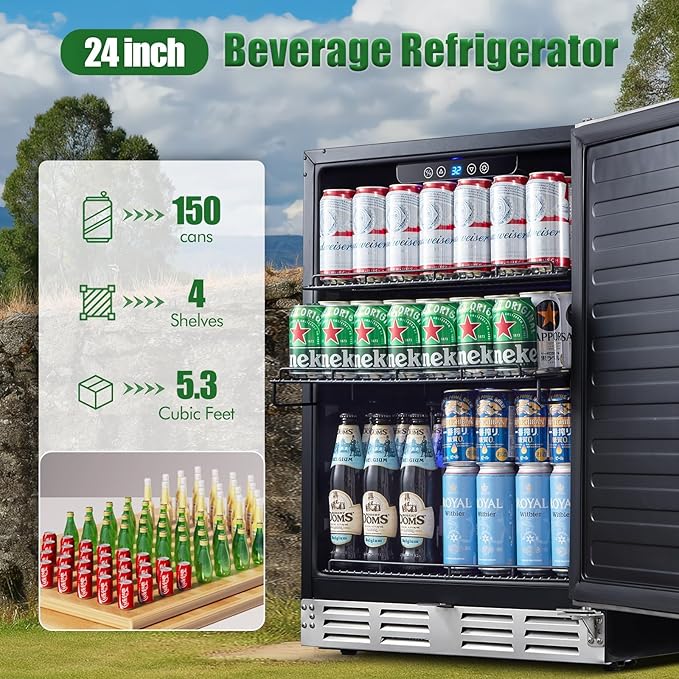 Kalamera Beverage Refrigerator 24 Inch, Under Counter 150 Cans Mini Drinks Fridge with Stainless Steel Door, Beverage Cooler Built-in and Freestanding, 32-40℉ Temperature Range