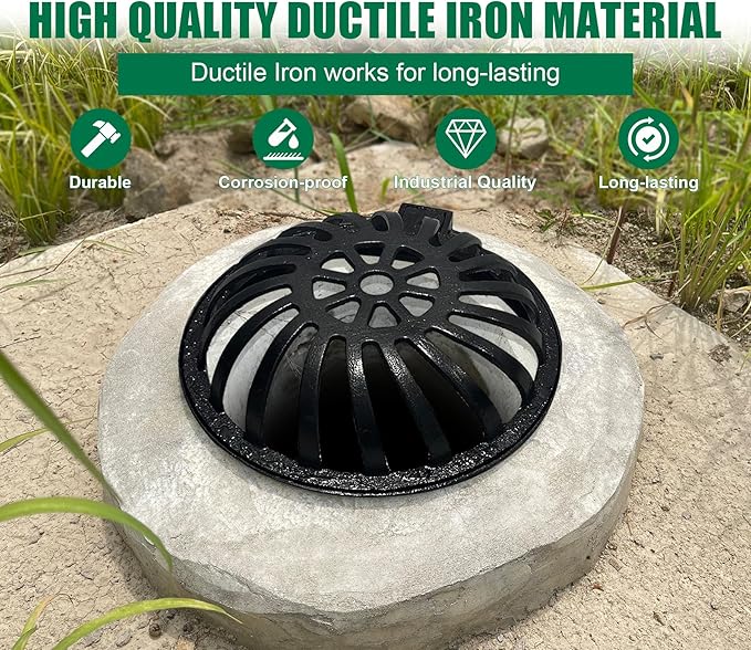 20in Ductile Iron Atrium Drain Grate and Frame, Dome Durable Metal Overflow Relief Gully Dome Grate with Bolted Down Base, Cast Iron Sewage Drain Grates for Garden,Yard,Lawn(Overall Size 23")