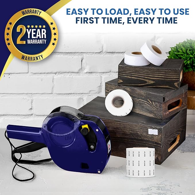 Perco Lite 1 Line Date Gun Kit - Includes 2 White Rolls, 4 Rolls of Best by Labels, 2 Ink Rollers - 1 Ink roll and Labels Pre-Loaded