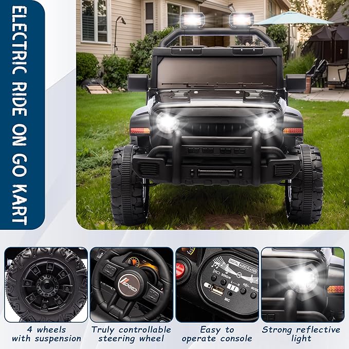 Ride on Truck Car, 12V Kids' Electric Vehicles W/Parents Control, Ride on Toys for Toddlers with Music, Bluetooth, Four-Wheels Suspension, USB, Headlights, Black