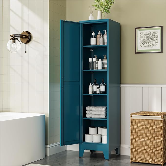 COFaR 67" Tall Pantry Cabinet, Peacock Blue Storage Cabinet with Magnetic Door & 4 Adjustable Shelves, Slim Freestanding Cupboard for Bathroom, Kitchen
