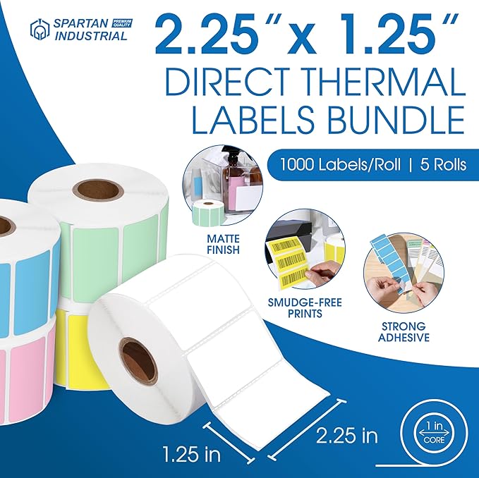 Spartan Industrial - 2.25" X 1.25" Direct Thermal Labels 5 Colors (5 Rolls, 1000/Roll) Perforated Barcode Address Stickers - Compatible with Rollo and Zebra Desktop Printers