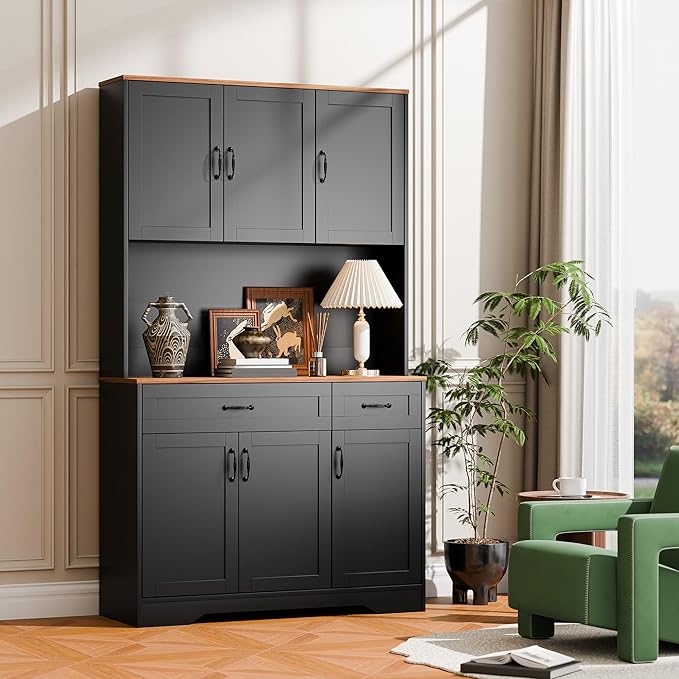 Cozy Castle 71" Tall Kitchen Hutch Cabinet with Drawers and Power Outlet, Farmhouse Pantry Storage Cabinet, Large Wood Coffee Bar Microwave Stand Cupboard for Dining Room Living Room, Black