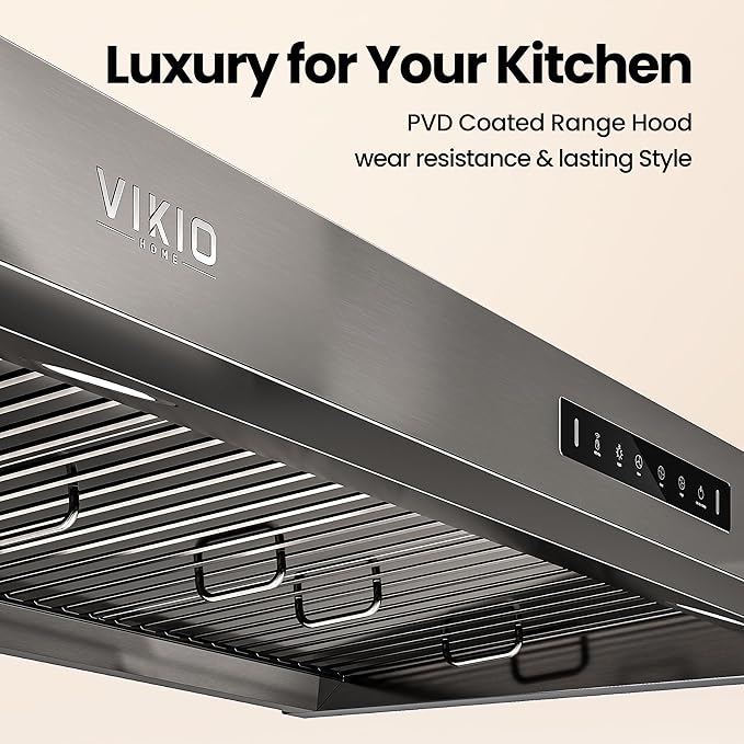 30 inch Range Hood Stainless Steel(PVD), Black Stove Hood with 1200 CFM with 1.5 Sones Quiet,3 Speed Exhaust Fan Hood Vents for Kitchen,Under Cabinet Range Hood with GU10 LED Lights