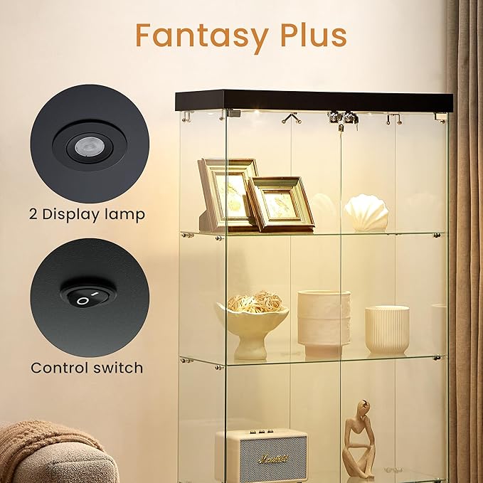 Yoluckea 4 Shelves Glass Display Cabinet with Light and 2 Doors, Floor Standing Clear Glass Curio Cabinet Collection Display for Living Room Bedroom 66.3” x 31.5” x 14.2” Black