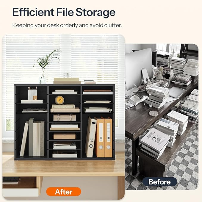 HOOBRO Literature Organizer, 24 Compartments Wooden Mail Organizer, Countertop Literature Sorter with Adjustable Shelves for Home, Office, School, Student Mailbox for Classroom, Black BK38WF01
