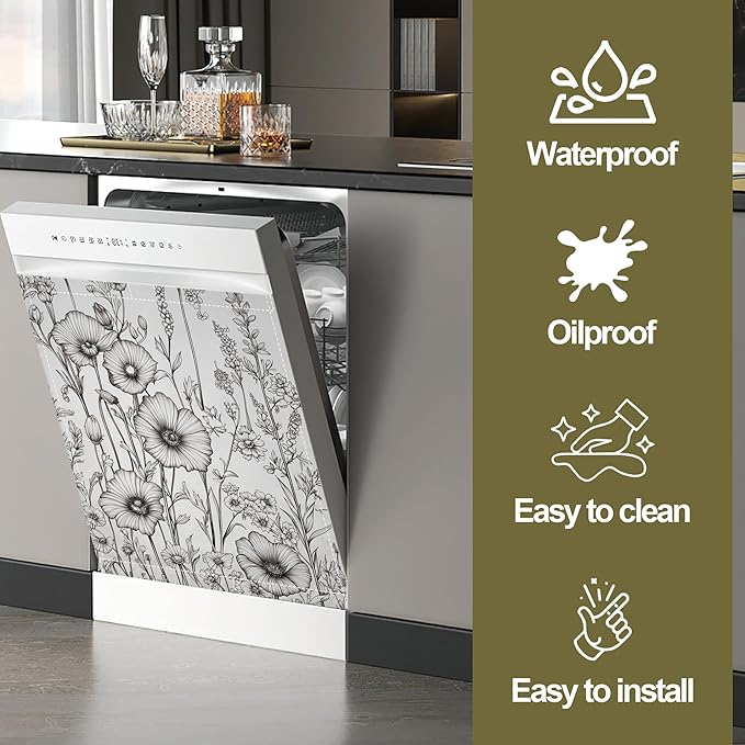 Black White Flowers Dishwasher Magnet Cover,Kitchen Decor Waterproof Refrigerator Magnet Appliance Cover Protector,23Wx26H Inches