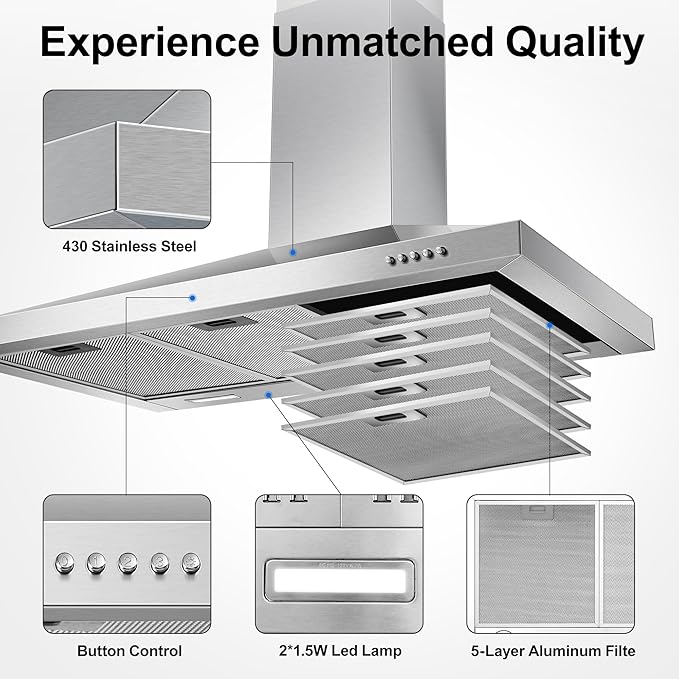 Tiesay Wall Mount Range Hood 36 inch with Ducted/Ductless Convertible Duct, Kitchen Hood Stainless Steel Chimney-Style Over Stove Vent Hood with LED Light, 3 Speed Exhaust Fan, 450 CFM