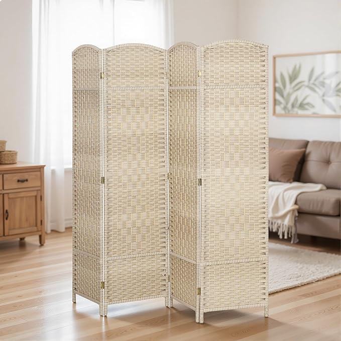 HOMCOM 4 Panel Room Divider, 6' Tall Folding Privacy Screen, Woven Freestanding Wall Partition for Home Office, Bedroom, Washed Oak