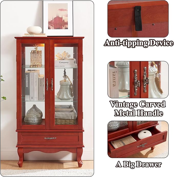 49" H Lighted Curio Cabinet Display Case, Glass Curio Cabinet with Adjustable Shelves,Tempered Glass Door and Drawer, Wooden Cabinets w/Mirrored Back Pane for Living Room (Cherry)
