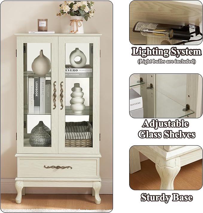 51" H Lighted Curio Cabinet Display Case, Glass Curio Cabinet with Adjustable Shelves,Tempered Glass Door and Drawer, Wooden Cabinets w/Mirrored Back Pane for Living Room (Antique White)