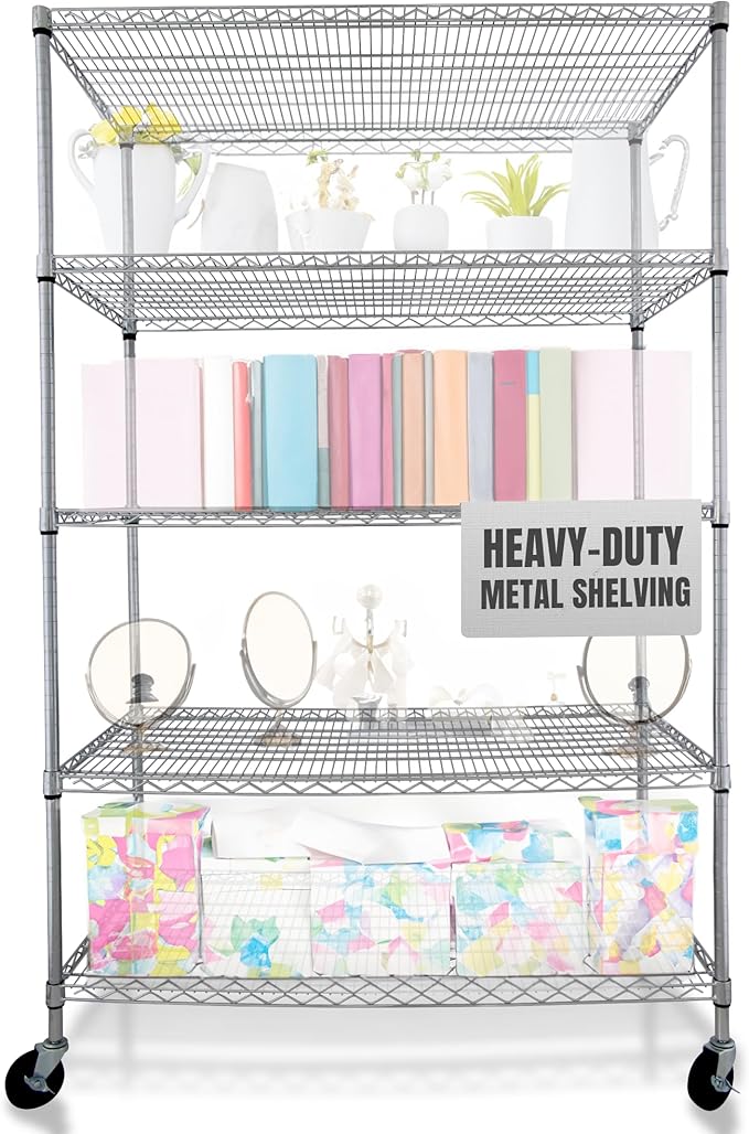 4000 LBS Heavy Duty Wire Rack, 48 x 24 x 76, 5-Tier NSF Commercial Rolling Rack with 4" Industrial Casters, Chrome Metal Wire Shelving for Garage, Kitchen, Adjustable Storage Shelf, Crescent