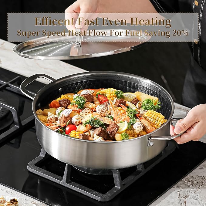 DELARLO Tri-Ply Stainless Steel Braiser Pan with Lid 5 Quart Nonstick Induction Rondeau Cooking Pot 12inch Deep Frying Pan Large Saute Pan Heavy Duty,Dishwasher and Oven Safe to 550℉
