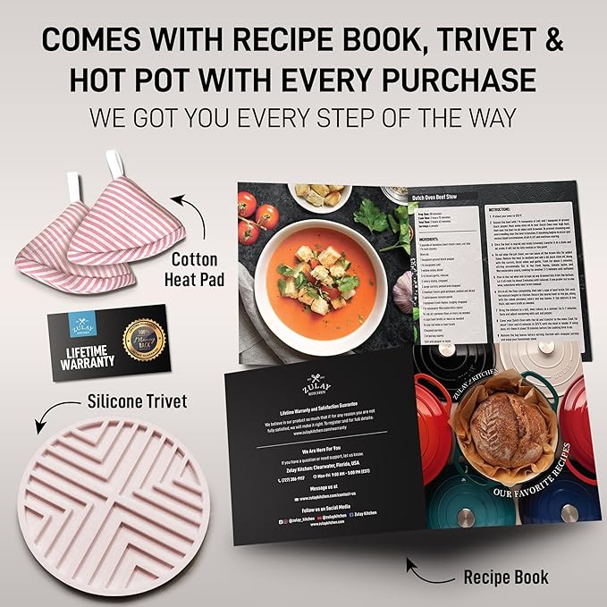 Zulay Kitchen 6 Quart Enameled Cast Iron Dutch Oven Pot with Lid – Premium Durability & Oven Safe up to 500°F – Heavy Duty Cookware Perfect for Bread Baking, Stews, Braising & Roasting – Pink