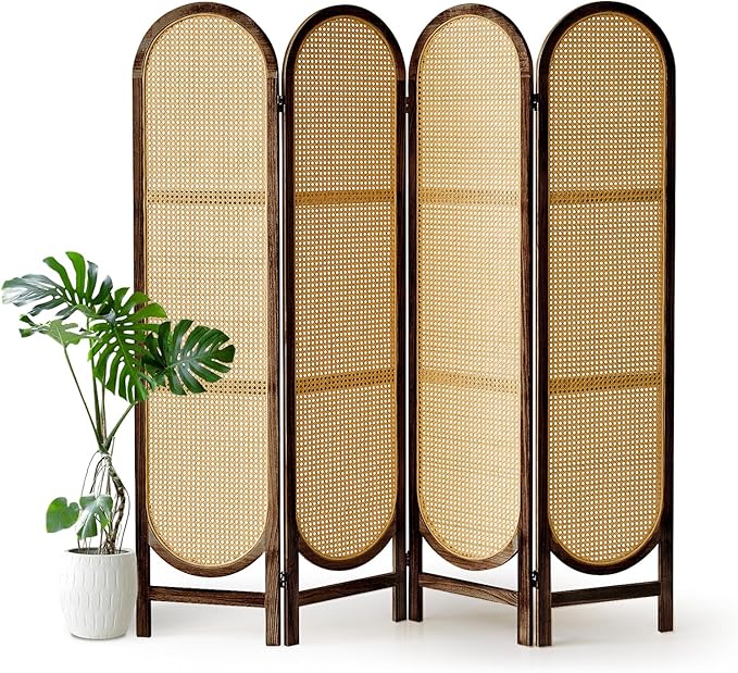 4 Panel Room Divider, 5.6 Ft Foldable Wood Room Divider Screen, Hand-Woven Rattan Folding Privacy Screens with Double Hinges, Wall Divider for Room Separation Bedroom Home Office - Brown