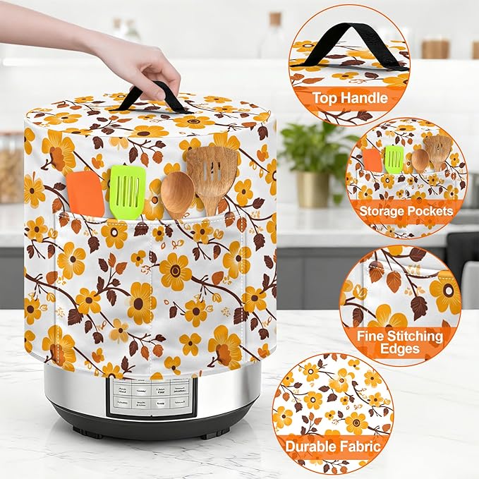 Kitchen Appliance Accessories Dust Cover for 3-6-8 Quart Instant Pot, Pressure Cooker, Air Fryer & Crock Pot,Decorative Appliance Cloth Cover with Top Handle & Storage Pockets (Orange, 3 Quart)